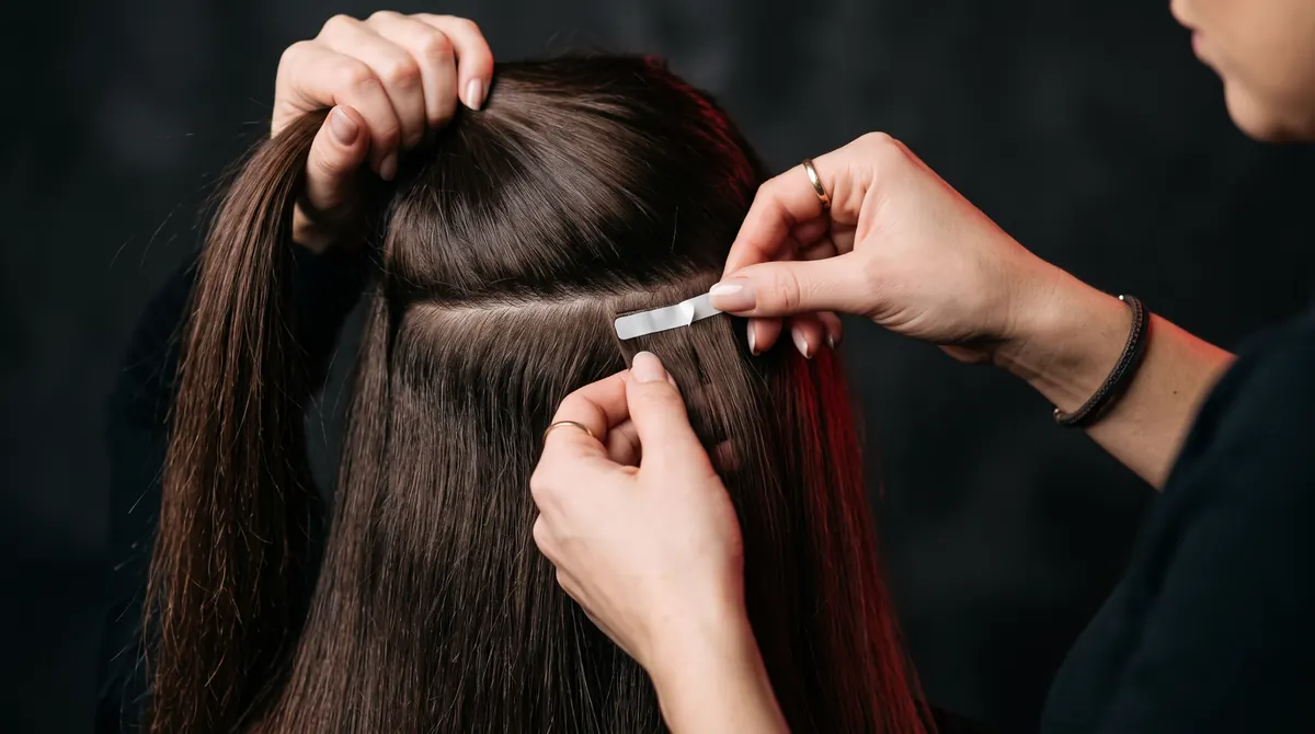 Hände setzen ein Tape-in-Extension unter eine Partie langes dunkelbraunes Haar